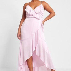 Express Satin Pin Dot Ruffle Wrap Front Hi-Lo Maxi Dress